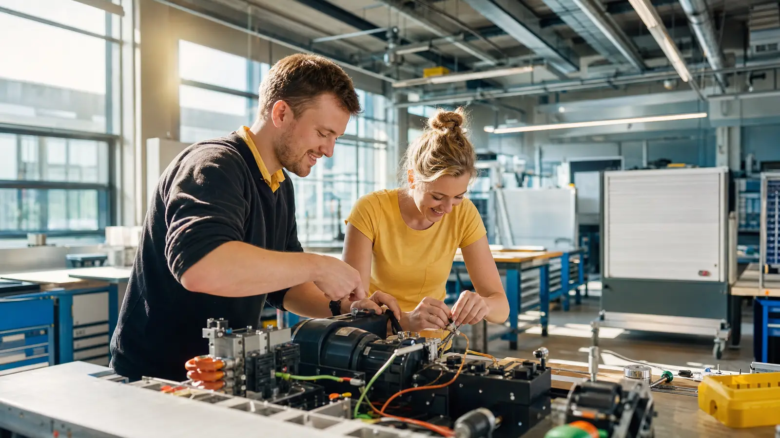 Twee technici werken samen aan apparatuur