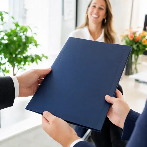 Handen overhandigen een portfoliomap
